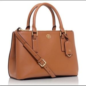 NWT! Brown Tory Burch Robinson mini double zip tote in saffiano leather.